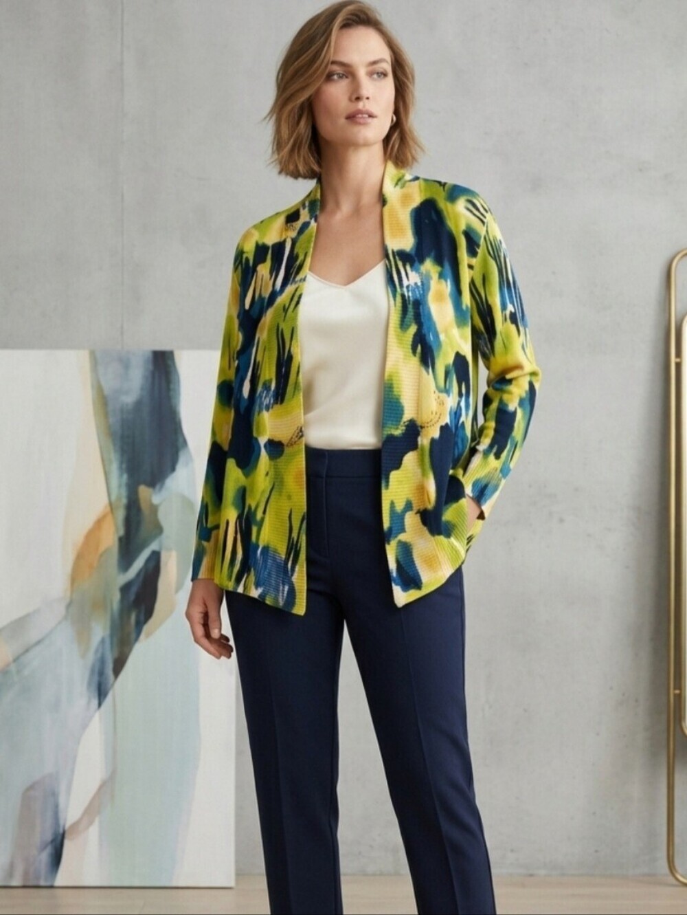 Calvin Klein Watercolor Abstract Silk Blend Knit Open Front Cardigan Medium